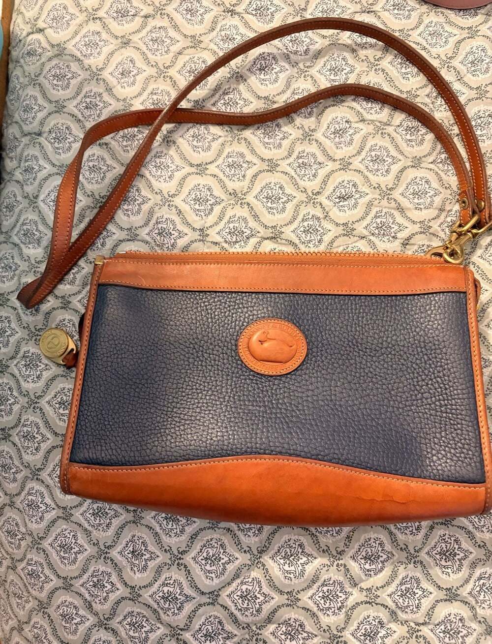 Vintage Dooney & Bourke All-Weather Leather Navy and Tan Crossbody Bag
